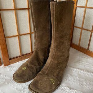 Camper Y2K Olive Brown Suede Mid-Calf Boots w/ Floral Embroidery